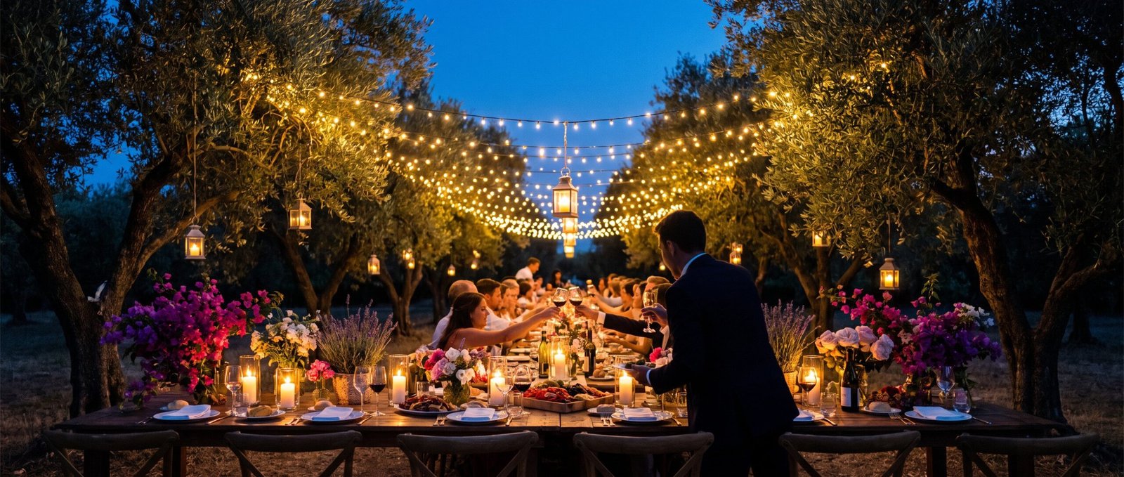 Mesa larga de banquete en un jardín de olivos al anochecer, con guirnaldas de luces y velas