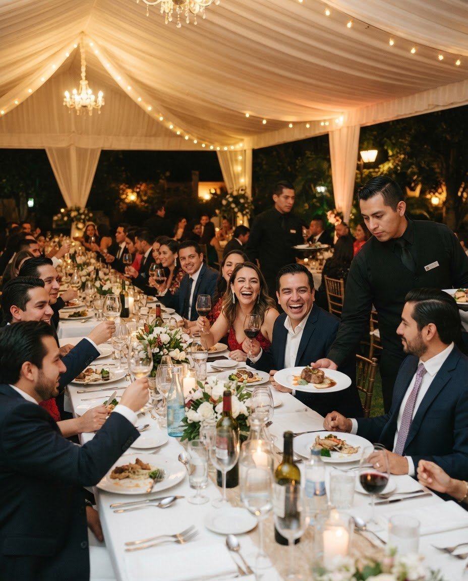 Cena de fin de año de una empresa bajo una carpa blanca, con invitados brindando