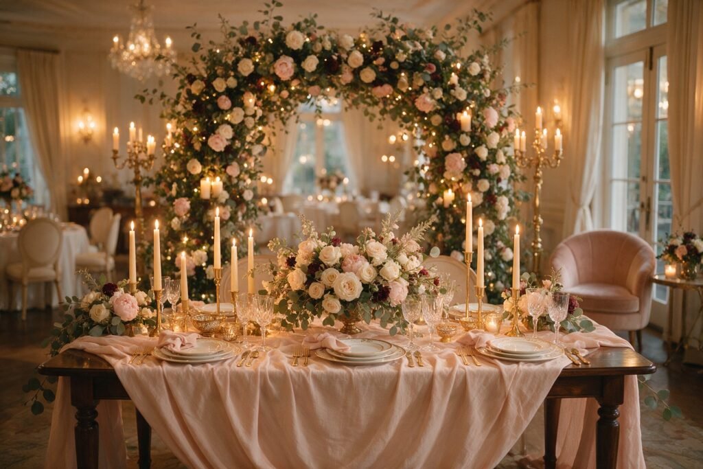 Mesa de novios con arco floral, velas y candelabros dorados