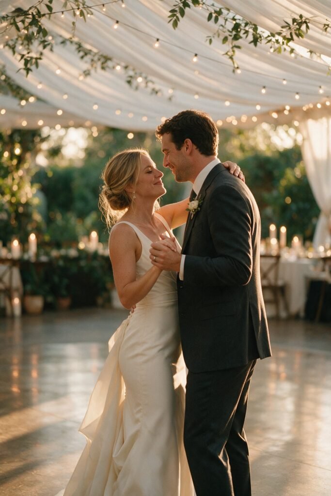 Novios en su primer baile bajo una carpa blanca con luces cálidas al atardecer