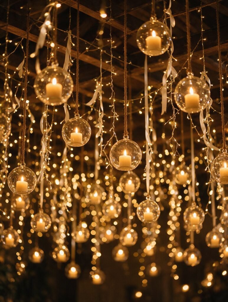 Esferas de cristal con velas suspendidas y luces cálidas