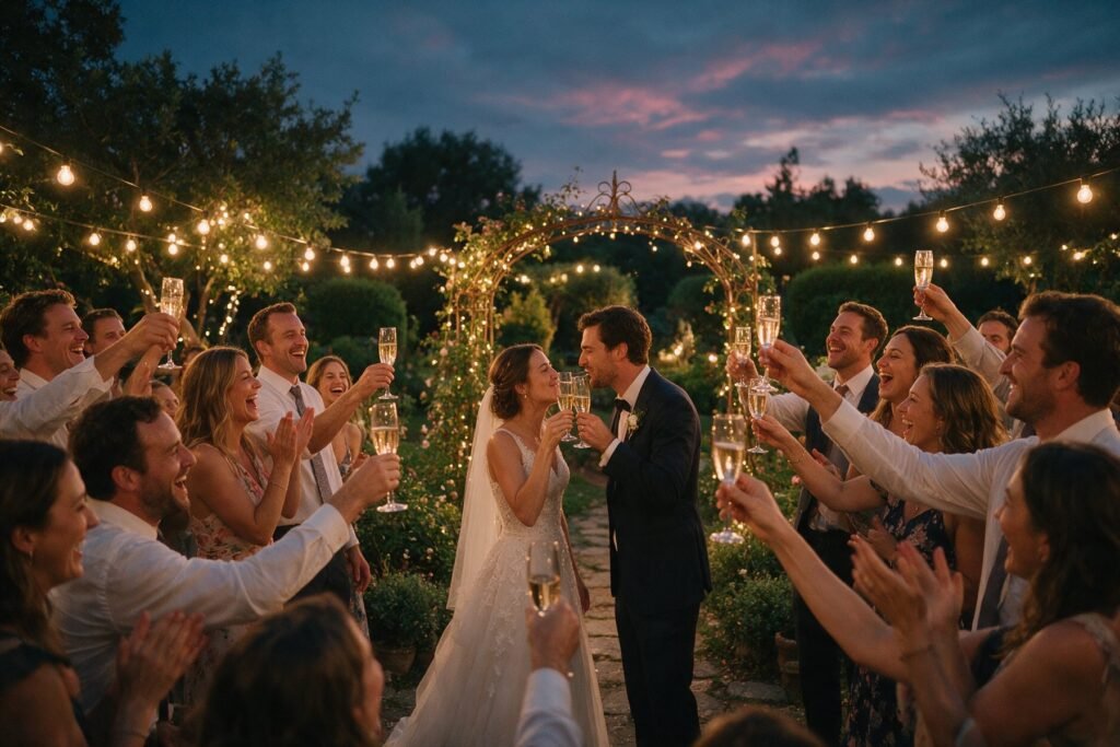 Invitados brindando con los novios bajo luces cálidas