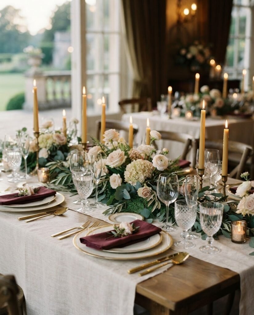Mesa de banquete al atardecer con velas, flores y servilletas color vino