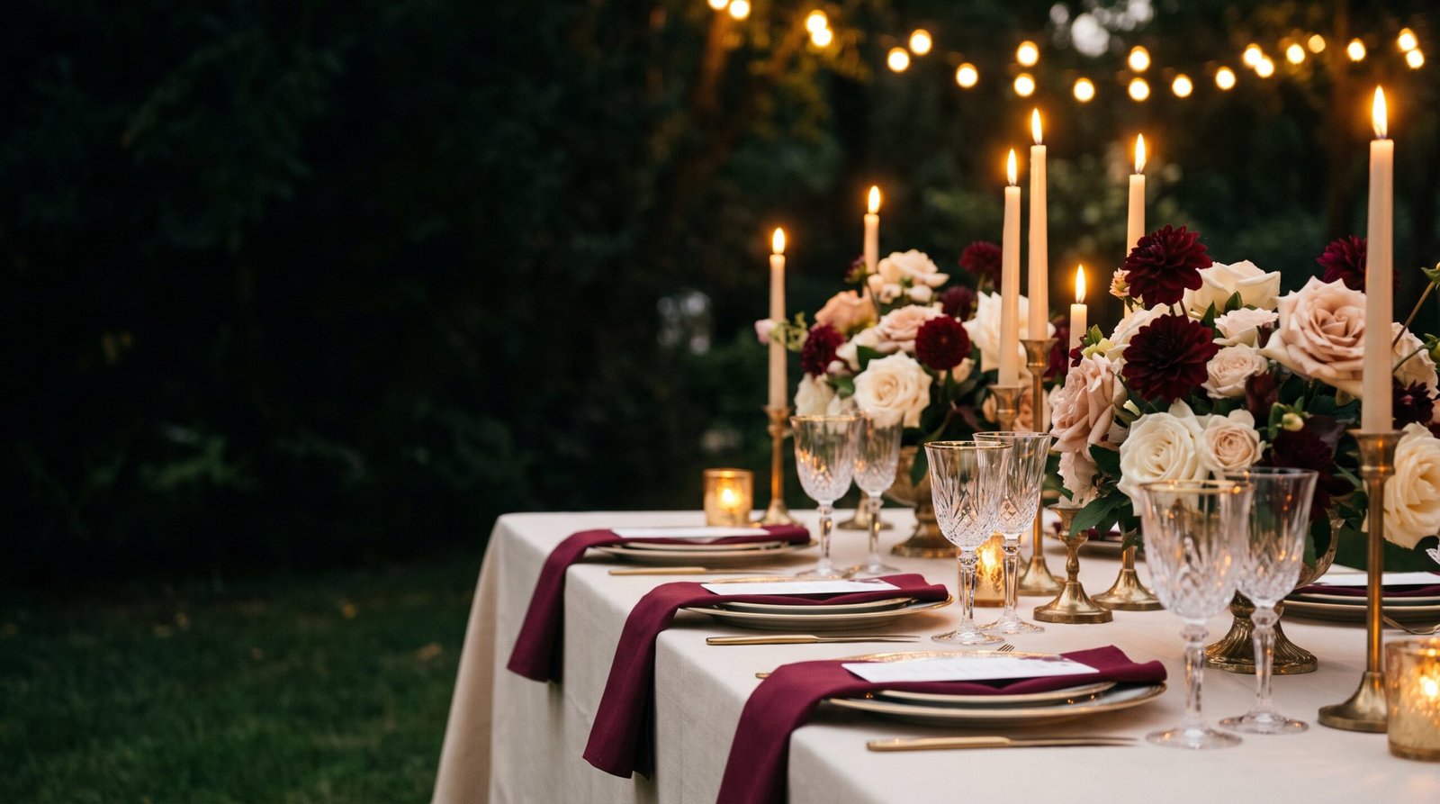 Mesa de banquete en un jardín al atardecer, con velas, flores y servilletas color vino