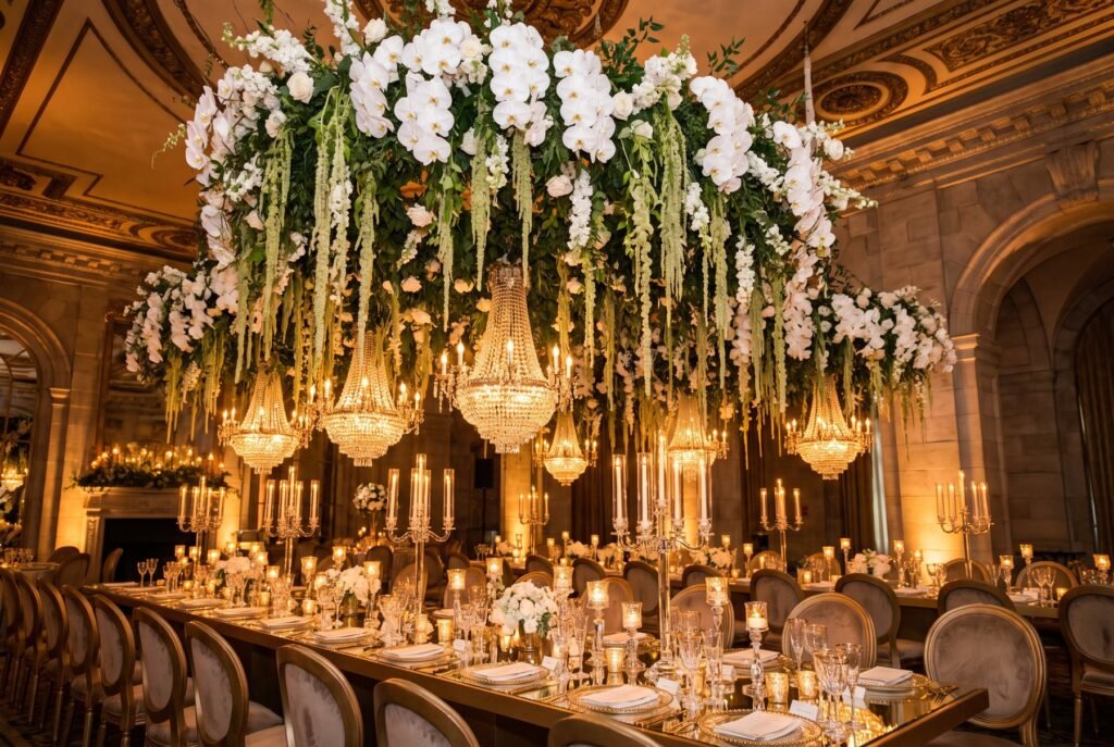 Instalación floral colgante con candiles de cristal sobre una mesa larga